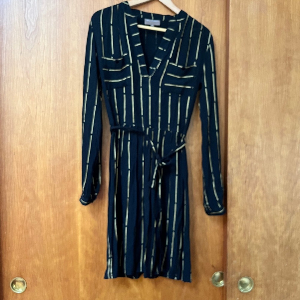 Bel Kazan Black Gold Metallic Stripe Long Sleeve Mini Dress Belted Womens Small